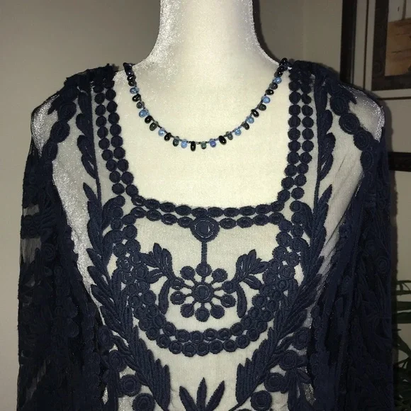 Origami By Vivien Long Sleeve Navy Sheer Lace Womens Top S - Picture 2 of 5
